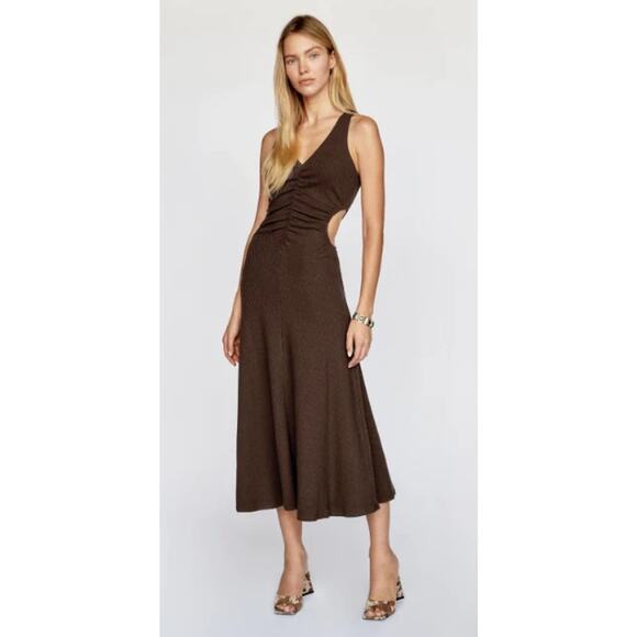Reformation Brynlee Dress Brown V Neck Sleeveless Ribbed Knit Cut Out Waist S - Picture 1 of 10